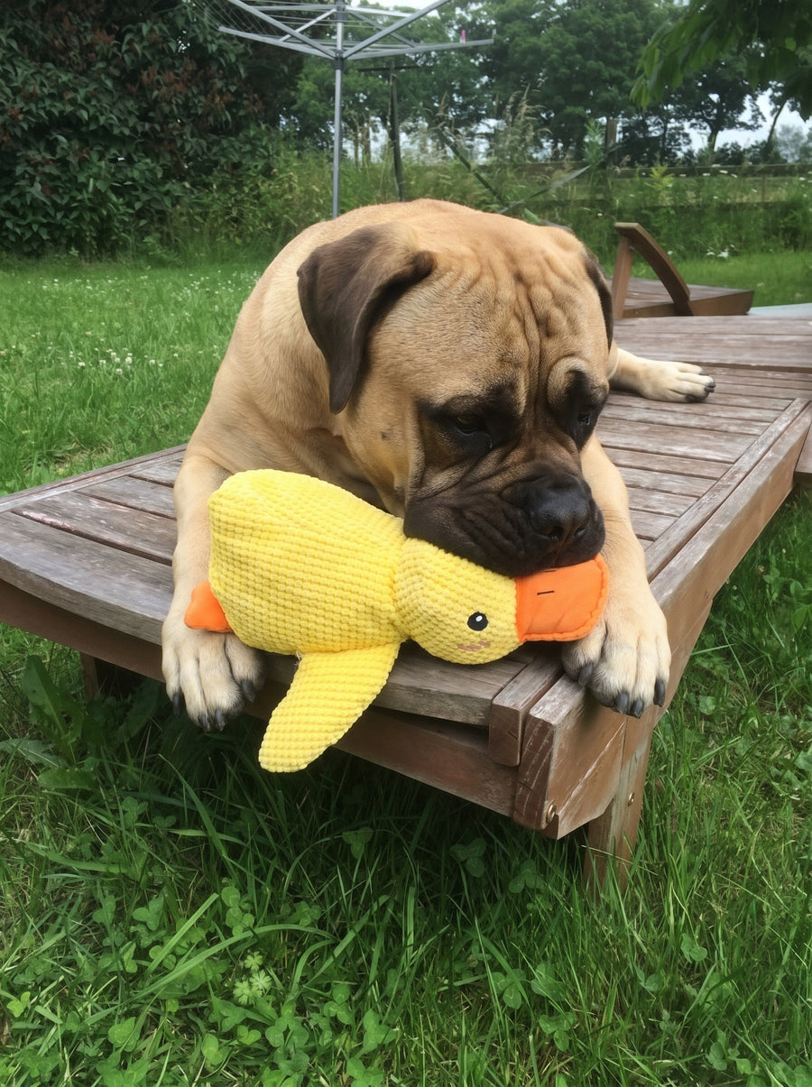 A happy customer's dog with a Steady Dog toy